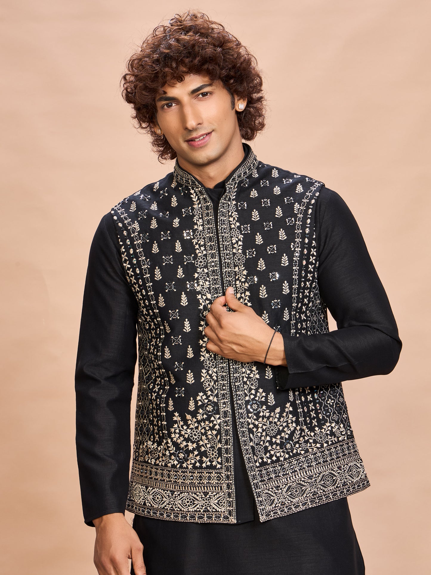 Black Silk Embroidered Jacket Kurta Set for Men