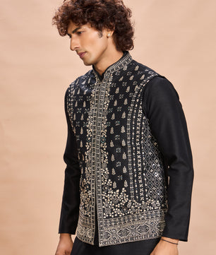 Black Silk Embroidered Jacket Kurta Set for Men