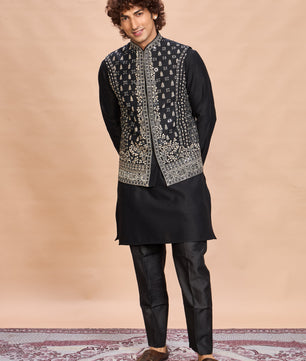 Black Silk Embroidered Jacket Kurta Set for Men