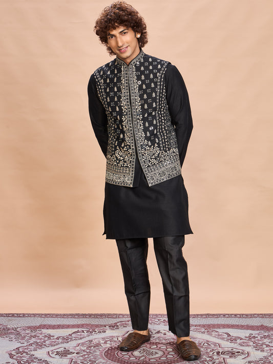 Black Silk Embroidered Jacket Kurta Set for Men