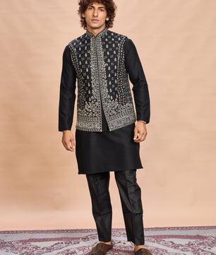 Black Silk Embroidered Jacket Kurta Set for Men