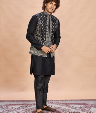 Black Silk Embroidered Jacket Kurta Set for Men