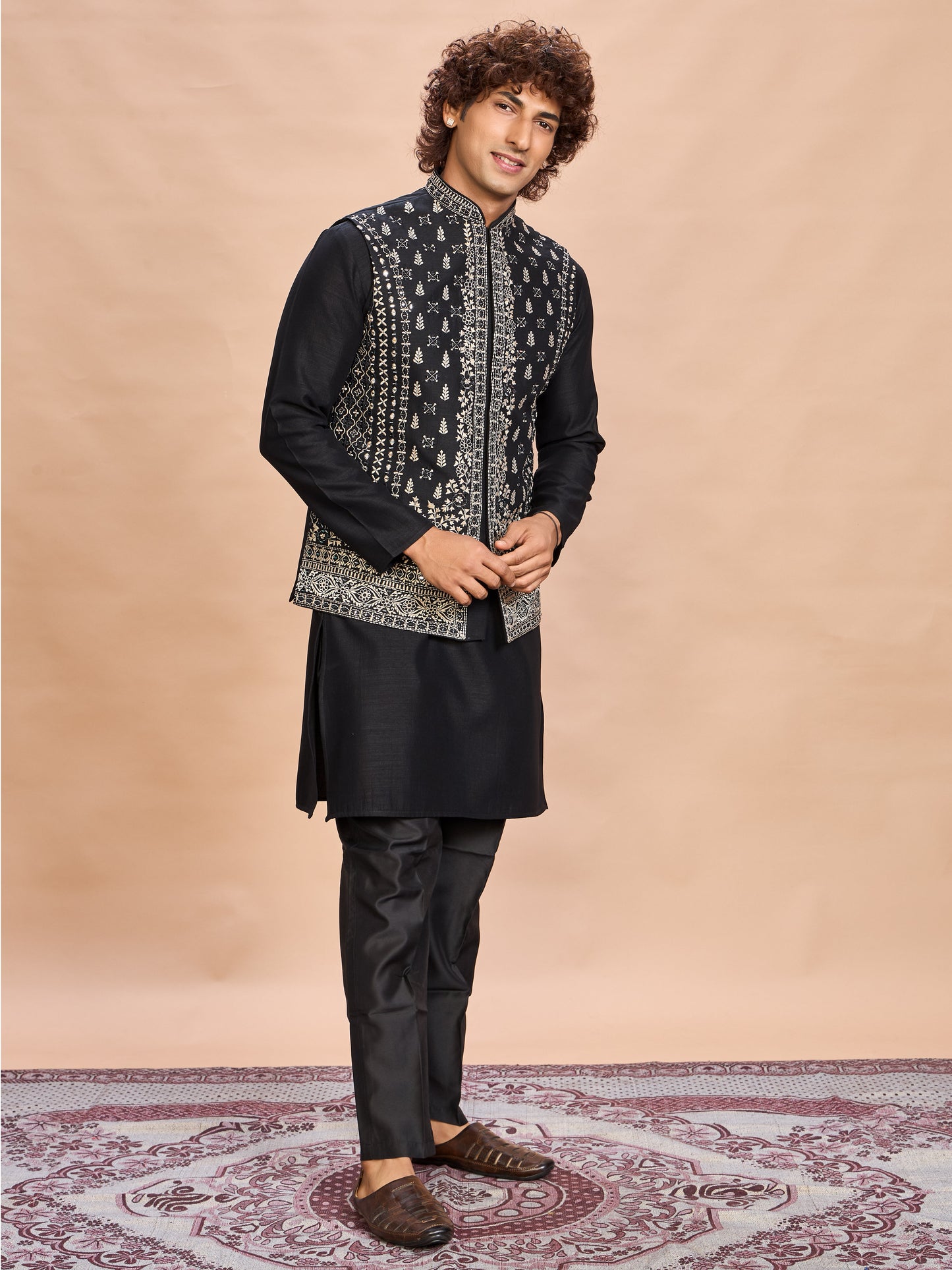 Black Silk Embroidered Jacket Kurta Set for Men