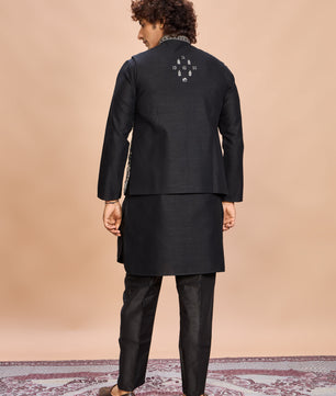 Black Silk Embroidered Jacket Kurta Set for Men