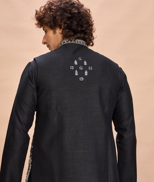 Black Silk Embroidered Jacket Kurta Set for Men