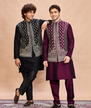 Black Silk Embroidered Jacket Kurta Set for Men