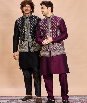 Black Silk Embroidered Jacket Kurta Set for Men