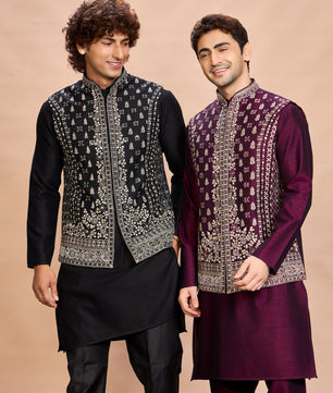 Black Silk Embroidered Jacket Kurta Set for Men