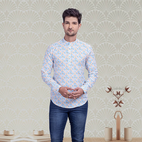 Geometric Printed Short Kurta in Blue and White