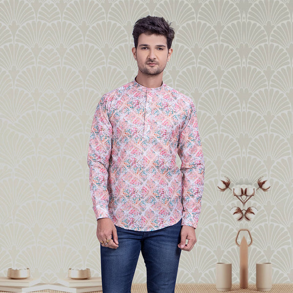 Peach Men's Kurta in Blurred Print