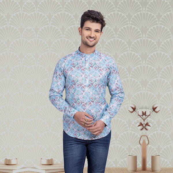 Men's Blue Kurta in Abstract Print