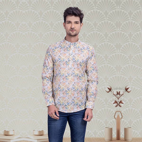 Creamish Blue Short Printed Kurta