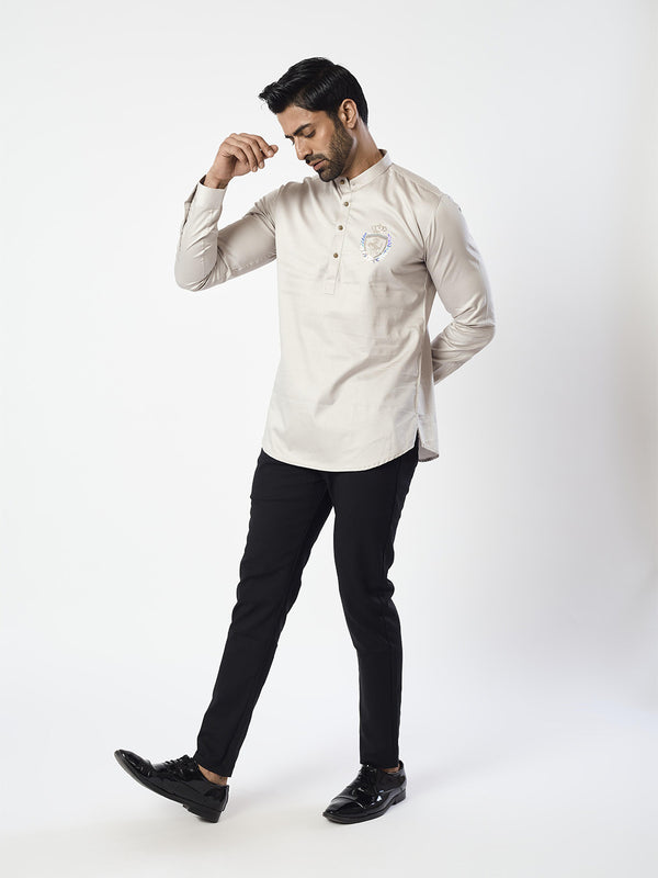 Cream Silk Short Kurta for Men