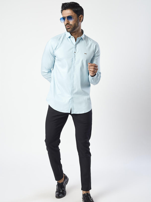 Men Sky Blue Plain Party Wear Shirt