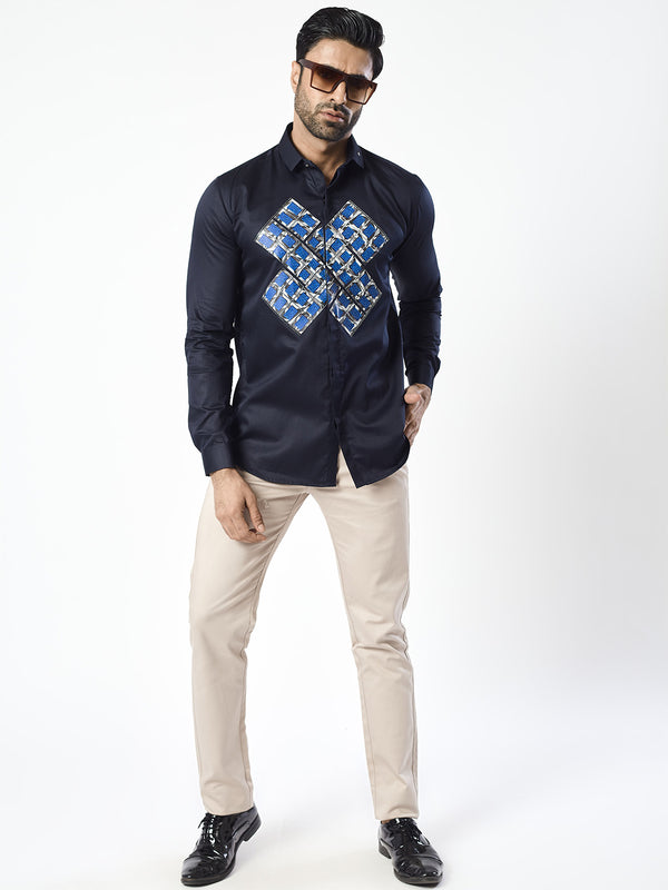 X Pattern Navy Hue Shirt for Men