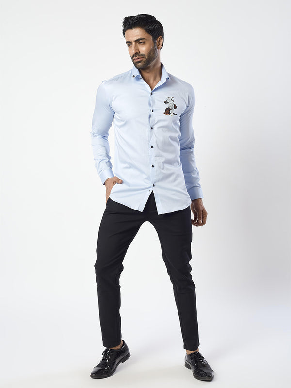 Light Blue Side Print Party Wear Shirt