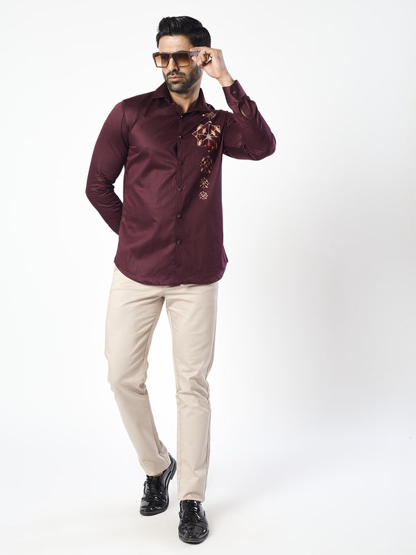 Maroon Embroidered Patterned Shirt