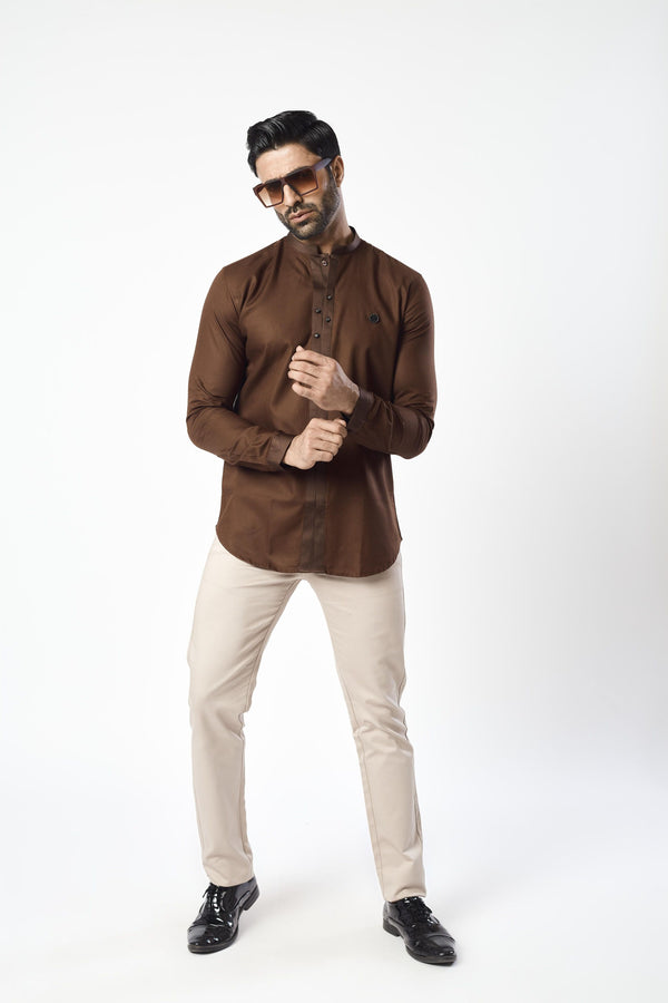 Slim Fit Brown Patterned Plain Shirt for Men