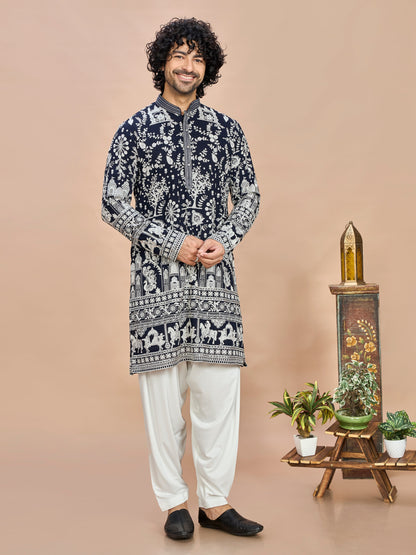 Navy Blue Georgette Embroidered Kurta with Dupatta and Bottom for Men