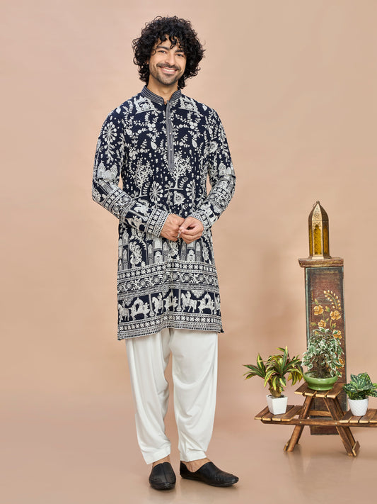 Navy Blue Georgette Embroidered Kurta with Dupatta and Bottom for Men