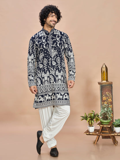 Navy Blue Georgette Embroidered Kurta with Dupatta and Bottom for Men