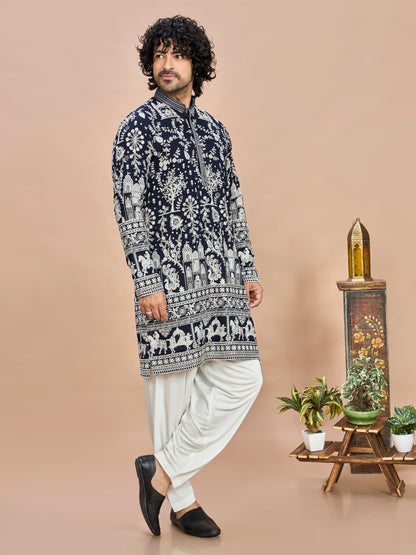 Navy Blue Georgette Embroidered Kurta with Dupatta and Bottom for Men