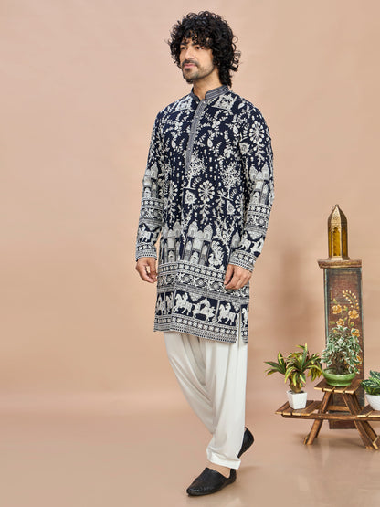 Navy Blue Georgette Embroidered Kurta with Dupatta and Bottom for Men