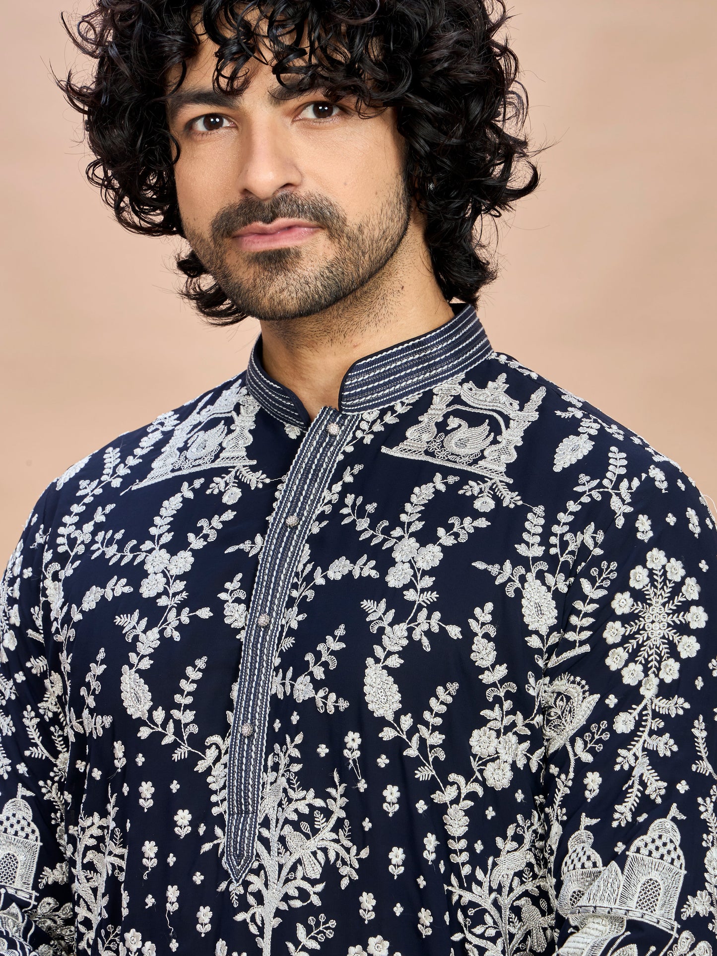 Navy Blue Georgette Embroidered Kurta with Dupatta and Bottom for Men