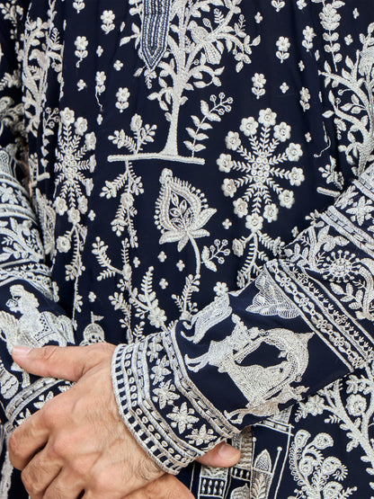 Navy Blue Georgette Embroidered Kurta with Dupatta and Bottom for Men