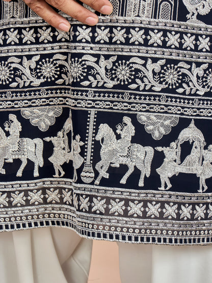 Navy Blue Georgette Embroidered Kurta with Dupatta and Bottom for Men