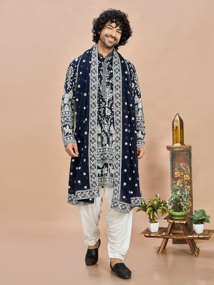 Navy Blue Georgette Embroidered Kurta with Dupatta and Bottom for Men