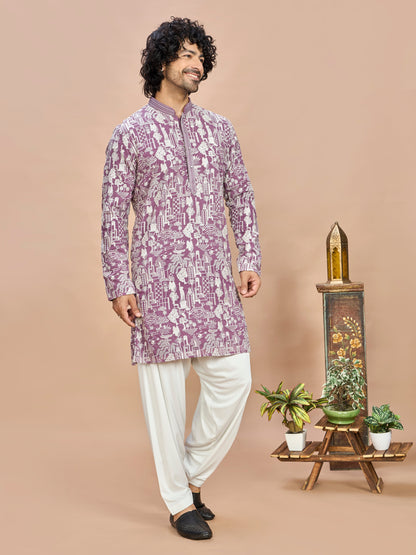 Purple Georgette Embroidered Kurta with Dupatta and Bottom for Men