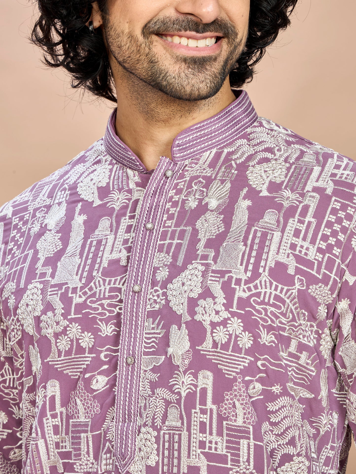 Purple Georgette Embroidered Kurta with Dupatta and Bottom for Men
