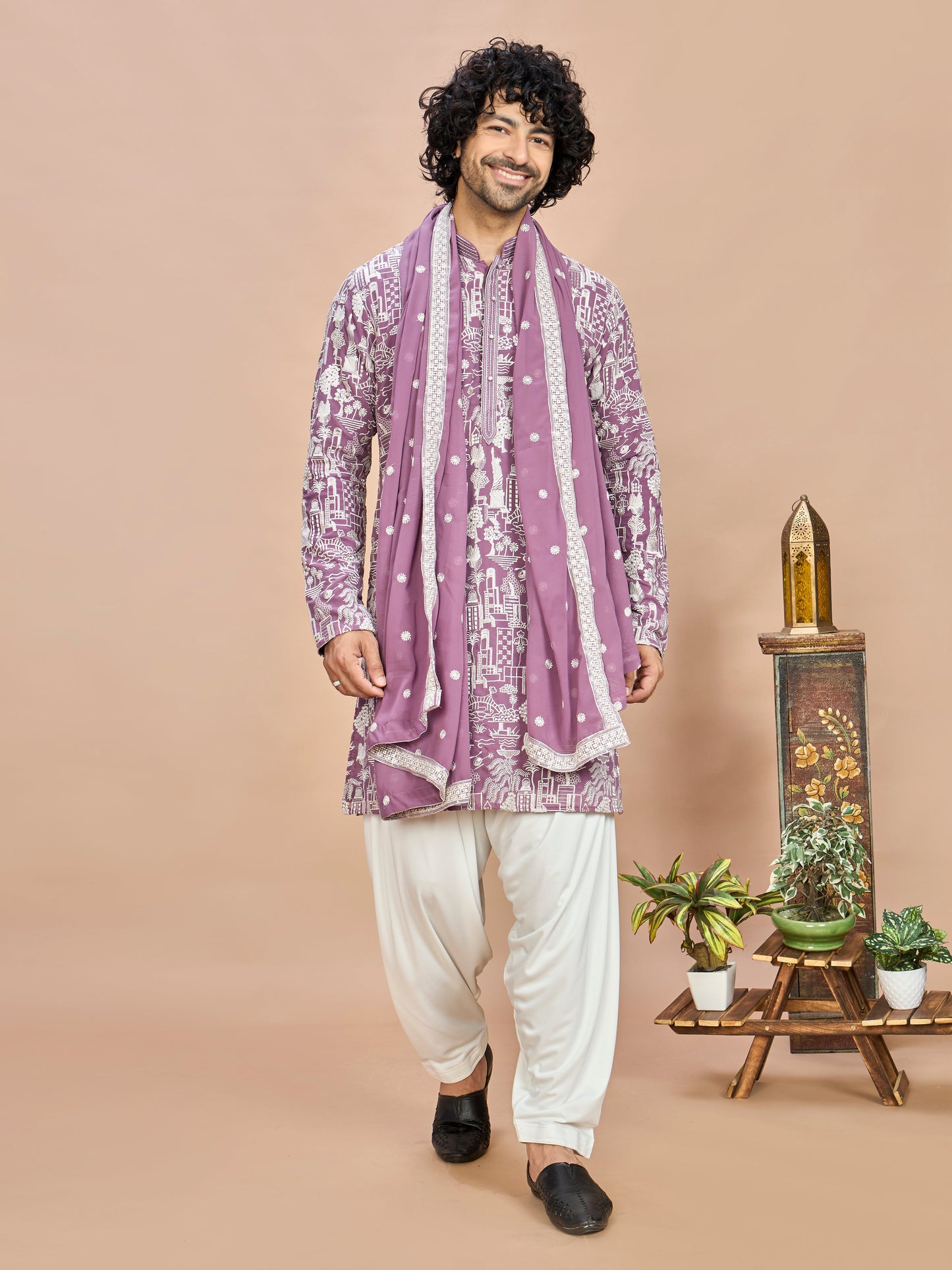 Purple Georgette Embroidered Kurta with Dupatta and Bottom for Men