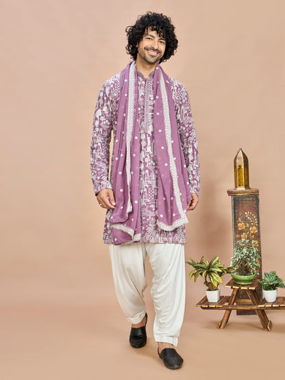 Purple Georgette Embroidered Kurta with Dupatta and Bottom for Men