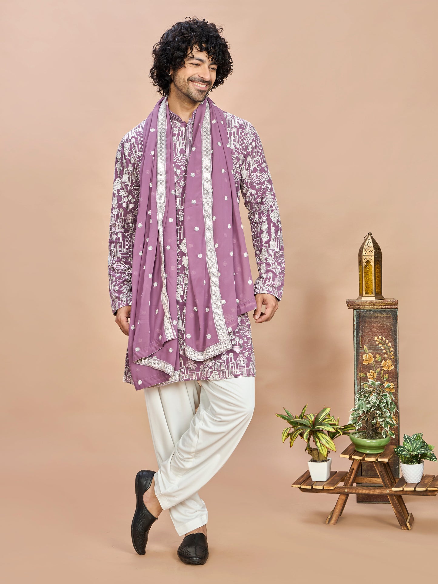 Purple Georgette Embroidered Kurta with Dupatta and Bottom for Men