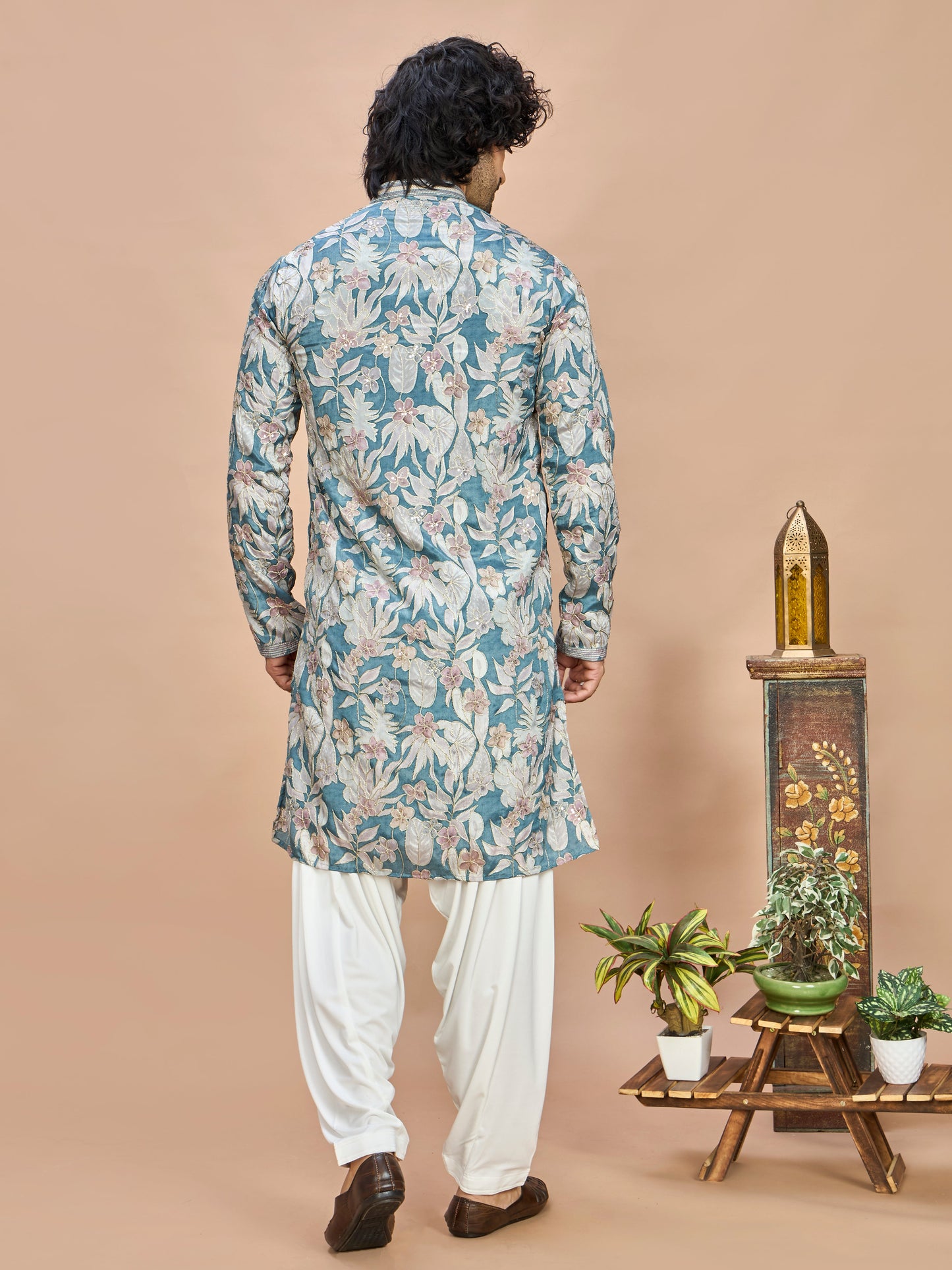 Aqua Floral Embroidered Kurta for Men