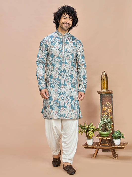 Aqua Floral Embroidered Kurta for Men