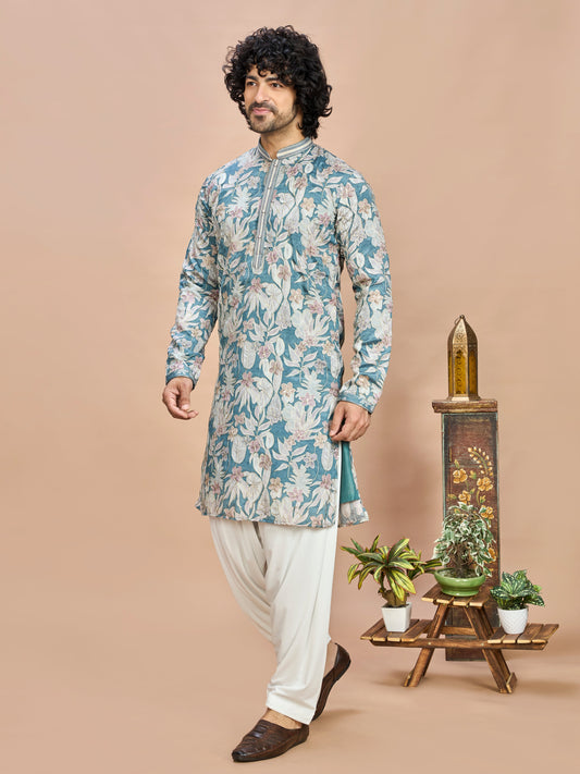 Aqua Floral Embroidered Kurta for Men