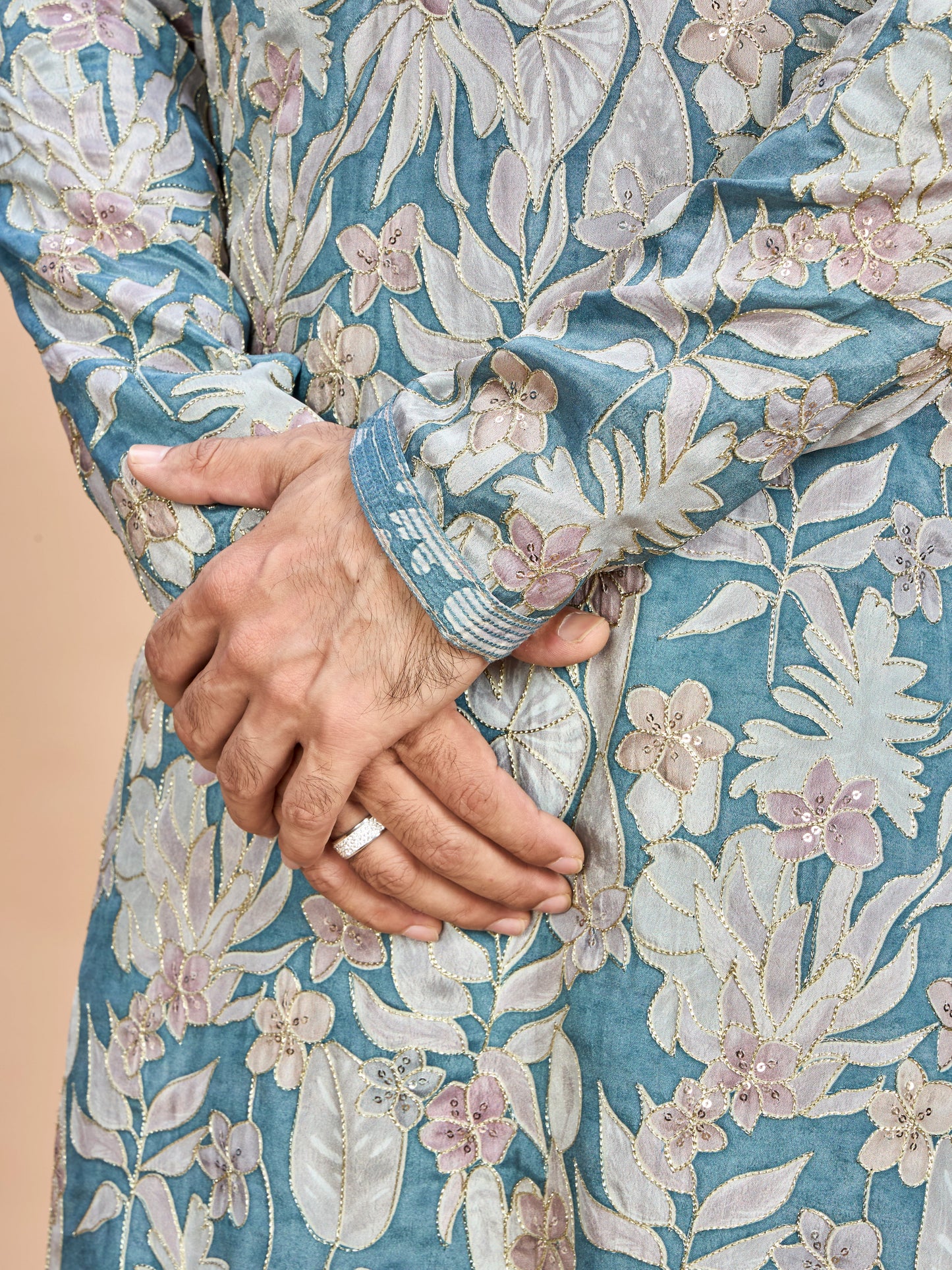 Aqua Floral Embroidered Kurta for Men