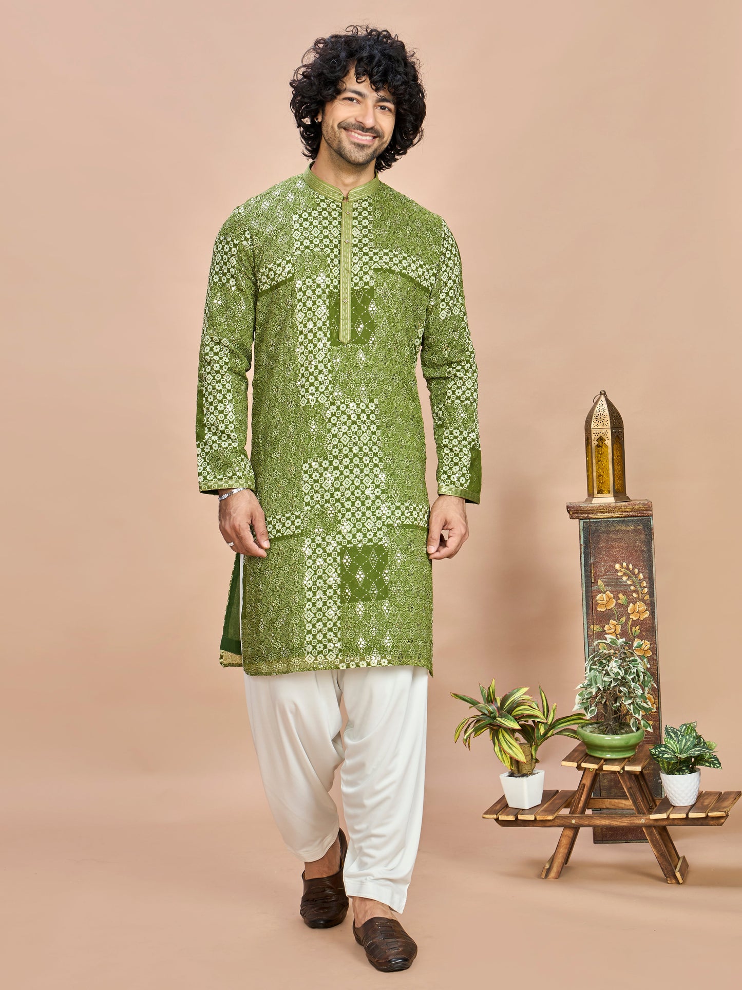 Green Silk Wedding Kurta Set for Men