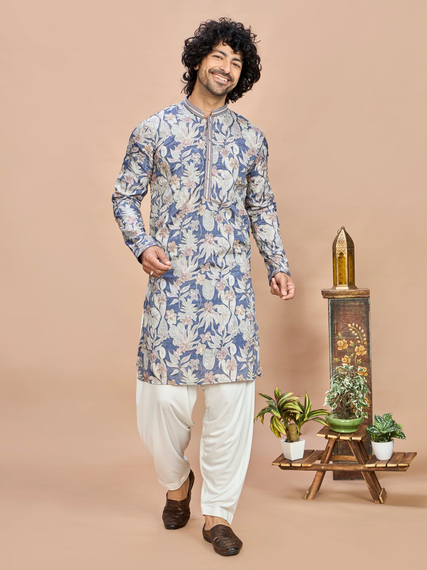 Blue Silk Embroidered Kurta Set for Men