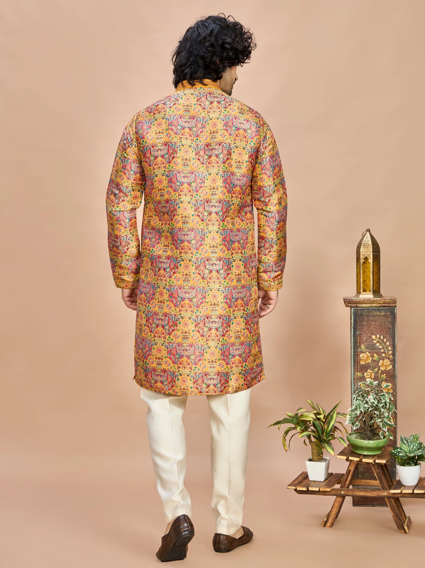 Mustard Multicolor Embroidered Kurta for Men