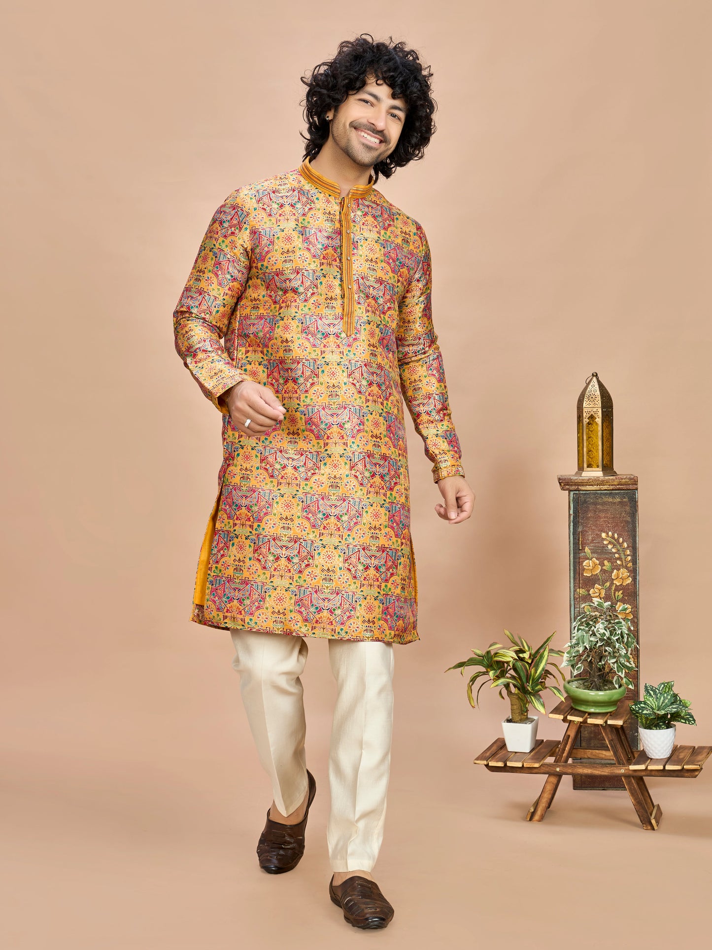 Mustard Multicolor Embroidered Kurta for Men