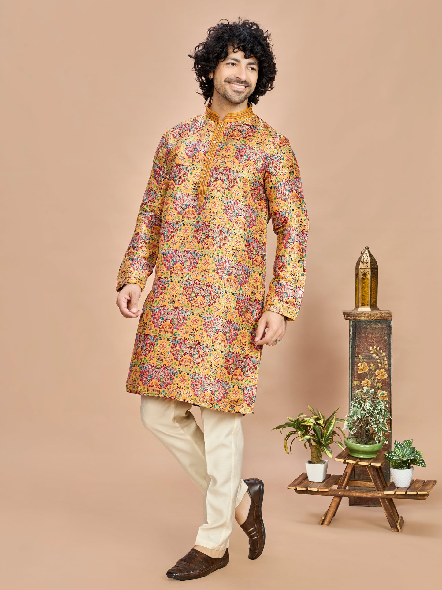 Mustard Multicolor Embroidered Kurta for Men