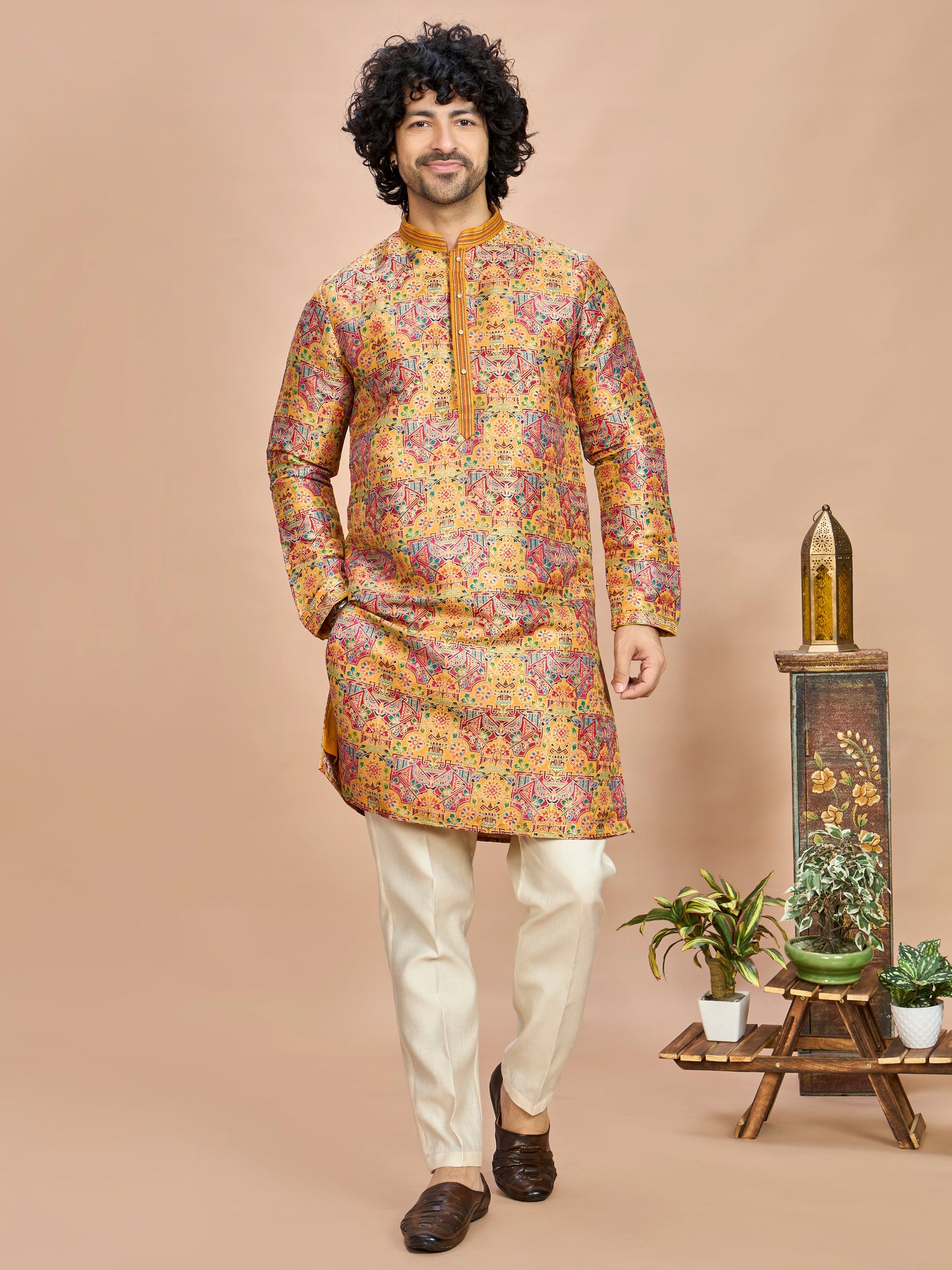 Mustard Multicolor Embroidered Kurta for Men