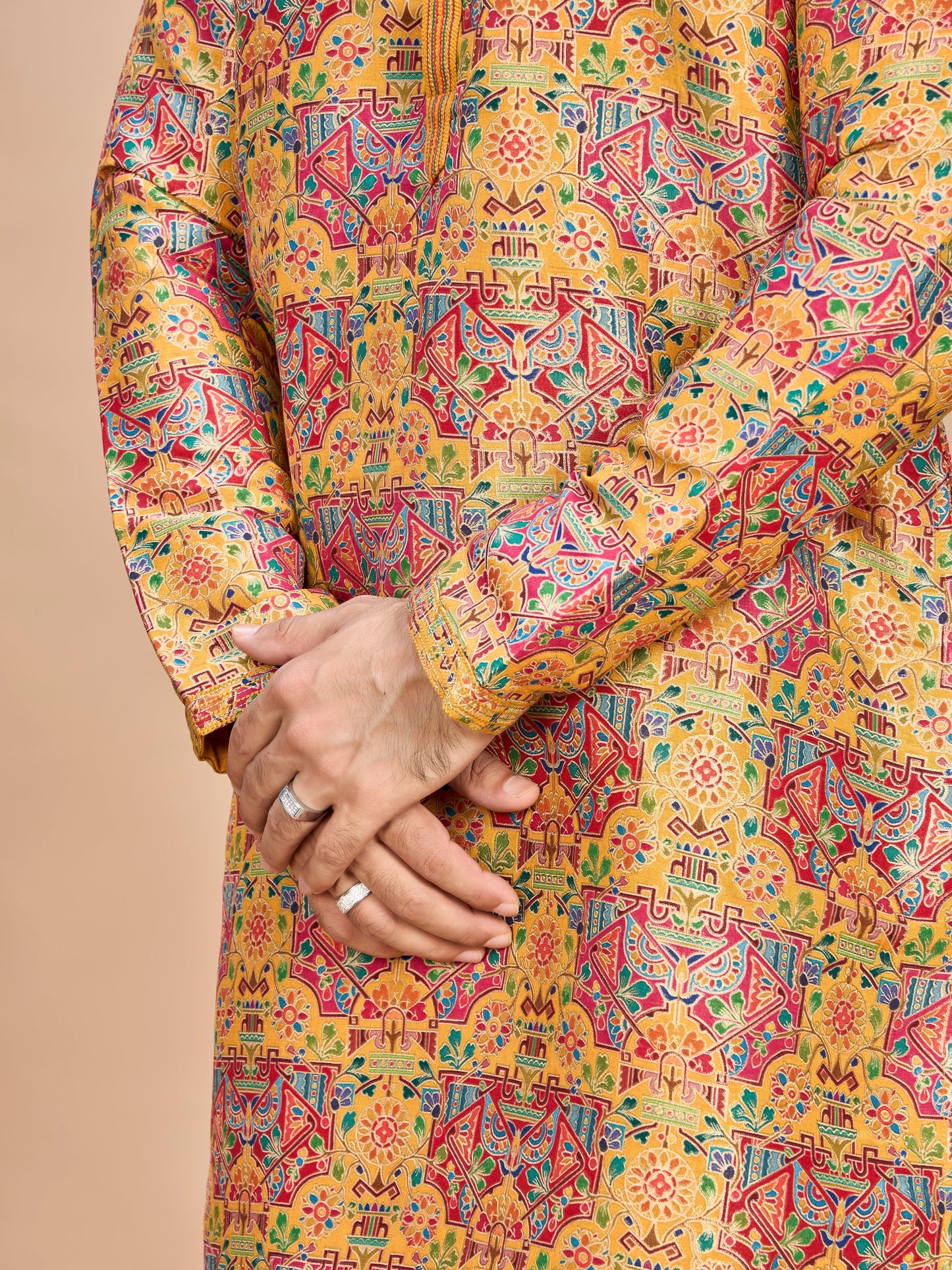 Mustard Multicolor Embroidered Kurta for Men