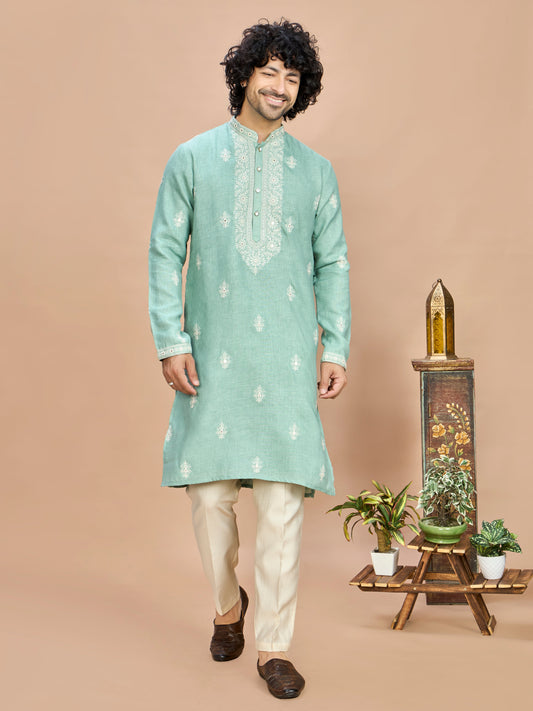 Light Pista Linen Embroidered Kurta Set for Men