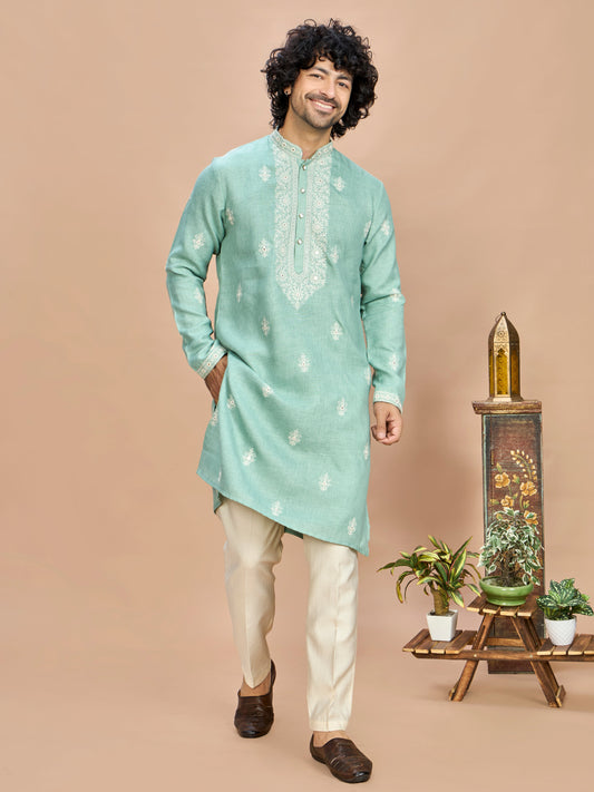 Light Pista Linen Embroidered Kurta Set for Men