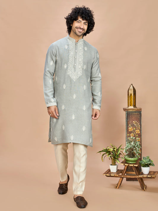 Light Grey Linen Embroidered Kurta Set for Men